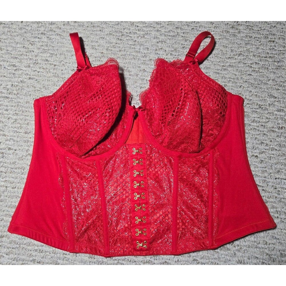 New Cacique Lane Bryant Corset Red Gold Boudoir Women's 44 DDD Lace